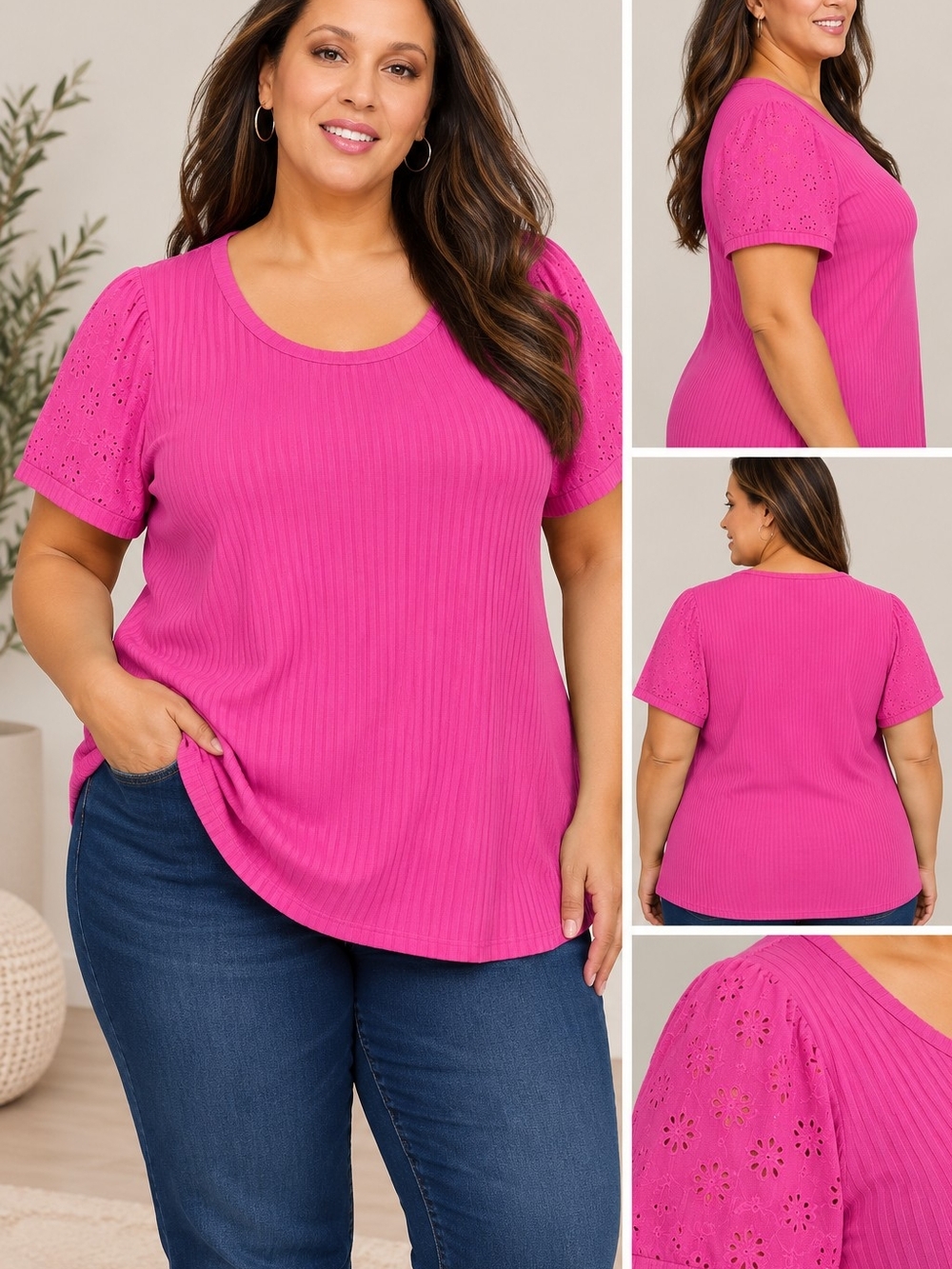 Lane Bryant Plus Size 5X Pink Ribbed Eyelet Sleeve Top – NWT
